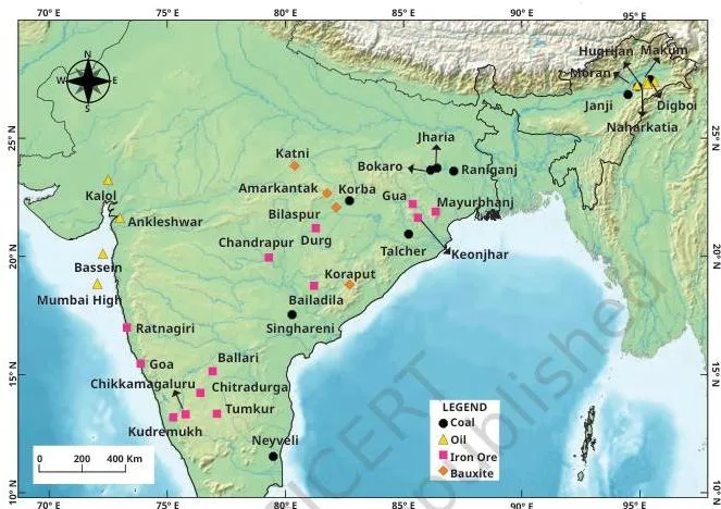 Map of India showing the uneven distribution of important minerals, with dense mining regions alongside areas that hold few minerals