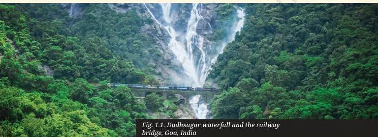 Dudhsagar waterfall and the railway bridge, Goa, India