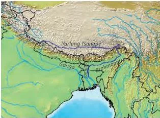 The Brahmaputra river flowing as a wide shared waterway, a resource that crosses political boundaries