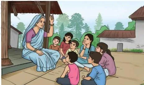 Grandma seated with children gathered around her, narrating the Krishna and Kaliya story