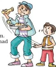 A child eating another small child's packed tiffin, shown in the exercise as an example of an unfriendly action