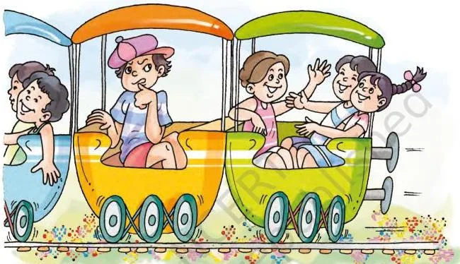 Children racing hand in hand towards the seaside sands on a bright sunny day, while the story notes that nobody took Hari's hand