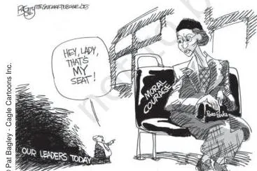 A photo-style cartoon of Rosa Parks on a bus with two passengers standing while she sits, captioned noting she still inspires, linking individual dignity to democratic struggle