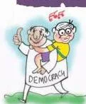 A cartoon of two people at a desk, one announcing that democracy's best outcome is simply that it is a democracy, mocking the chapter's list of procedural achievements