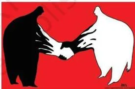 Two contrasting images of a group divided by a line — one titled Greeting where members shake hands across it, the other titled Enemies where they threaten each other — showing how democratic politics can either bridge or worsen social divisions