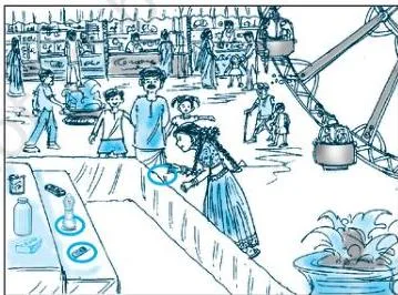 An illustration for the chapter opening showing the fair scene in which Akhila enjoys Giant Wheel rides and Hoopla games