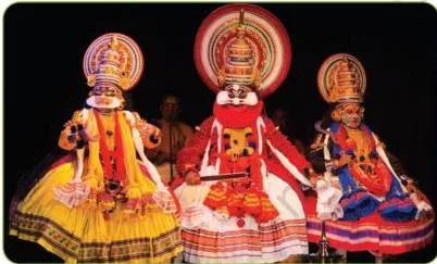 Kathakali dancer in a big crown and painted face, performing the deep outward-bent atimandala stance of Kerala's dance-drama