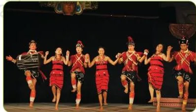 Folk dance and music of the Ao tribe of Nagaland, showing dancers in traditional dress with accompanying musicians