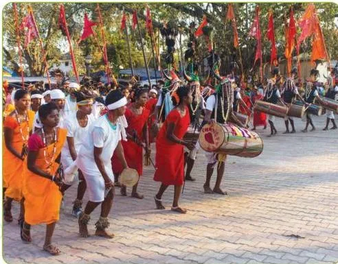 The Bastar band of Chhattisgarh performing with traditional instruments, representing the region's musical traditions
