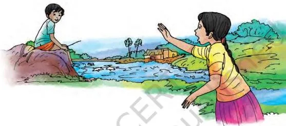 As the boats floated down the stream, she saw a naughty boy pushing the boats into the water.