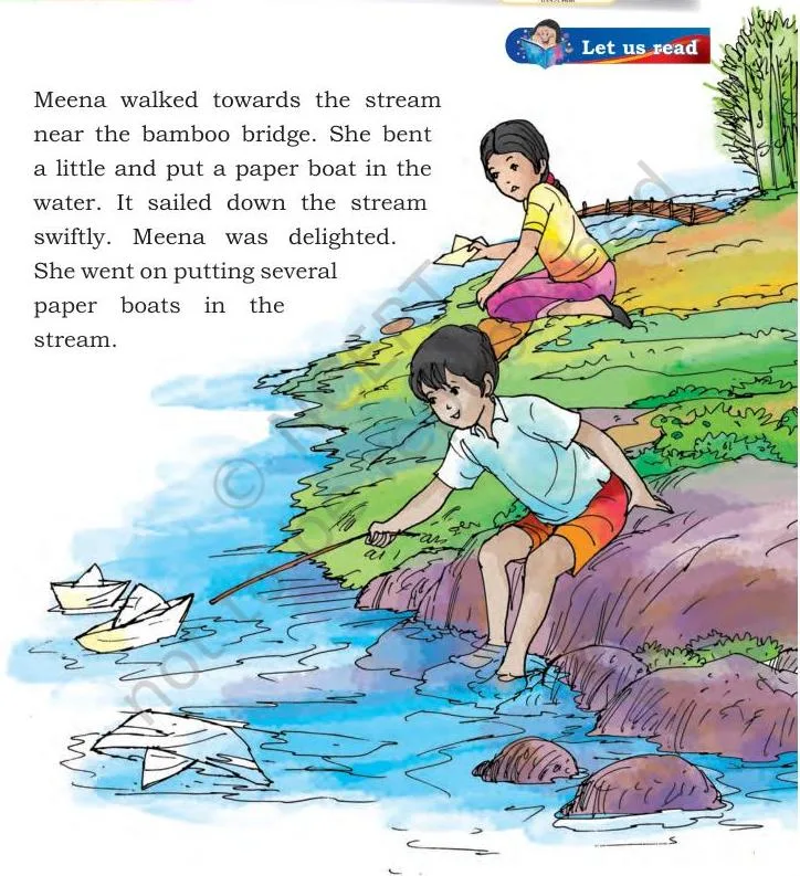 Meena walked towards the stream near the bamboo bridge.