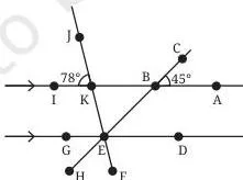 Angles around a cluster of meeting lines, with angle ABC marked 45 degrees and angle IKJ marked 78 degrees