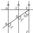 Three parallel segments AB, CD and EF with a perpendicular line EA standing on AB and angles x and y marked on the figure