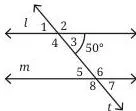 Parallel lines l and m crossed by a transversal t, with eight angles numbered 1 to 8 around the two intersections