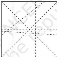 A square sheet of paper folded in several different ways, the creases forming straight lines that crisscross the sheet