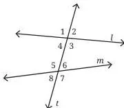 A transversal line t crossing two other lines l and m, with eight numbered angles formed at the two intersections