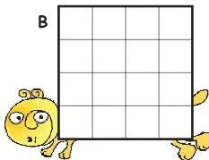 Four grids of 16 squares labelled A, B, C and D, with grid A coloured half blue and half white for naming fractions