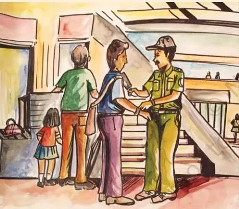 An example composition of people in an outdoor place, drawn for Class 8 Kriti Chapter 17, People in Places, using perspective and measured figure proportions