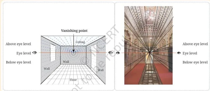 A building interior whose ceiling and floor lines converge at a vanishing point at eye level, showing perspective in an indoor scene