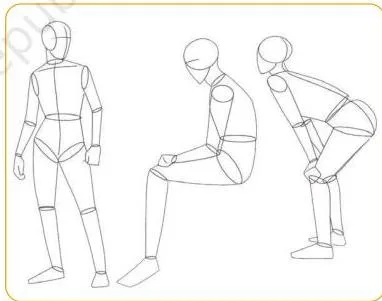 Students' figure drawings made while observing friends pose in different postures, illustrating the sharing step of the activity