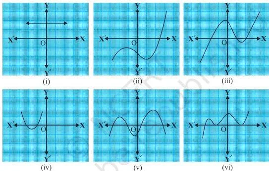 Graphs of y = p(x) for Exercise 2.1, where students count the x-axis intersections to find the number of zeroes of each polynomial