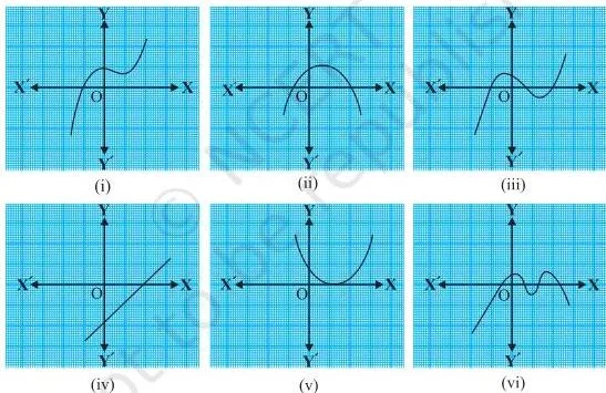 Six graphs of y = p(x) from Example 1, each meeting the x-axis a different number of times, used to count the zeroes of each polynomial