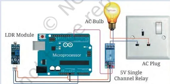 A light-dependent resistor circuit that switches an insect light trap on at night and off during daylight