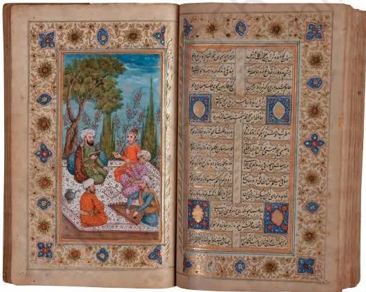 Palm-leaf pages of the Gita Govinda, an eighteenth-century illustrated handwritten manuscript in accordion format, showing the beauty and fragility of India's manuscript tradition