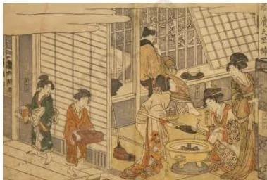 An ukiyo print of an elegant urban scene from late-eighteenth-century Japan, the 'pictures of the floating world' art form that later travelled to Europe