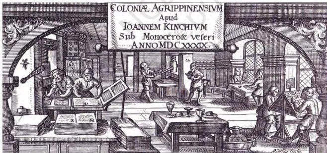 A page from Gutenberg's Bible with printed black text and hand-painted coloured borders and illuminated letters, showing how early printed books imitated manuscripts