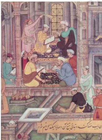 A sixteenth-century royal workshop where scribes write, dictate and illustrate a book by hand, showing how books were made before the printing press reached India
