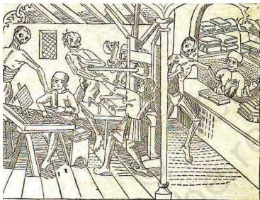 A woodcut of a printer's workshop where skeletal death figures control the printer and his workers, dramatising the fear that print would bring chaos