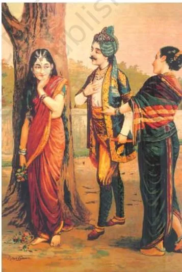 A prince on horseback rescuing a princess from demons in a painted mythological scene, showing the kind of image Raja Ravi Varma mass-printed for Indian audiences