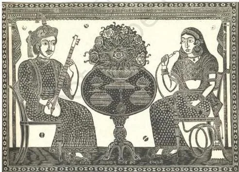 A late-nineteenth-century coloured woodcut of a wife perched on her husband's shoulder while he drags his mother by a noose, the artist's vision of family relations turned upside down