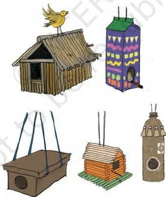Bird houses made of bamboo sticks, wood and used bottles, showing that nesting shelters can be built from waste materials