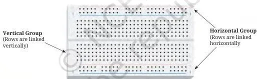 A breadboard with internal metal strips that connect electronic components without soldering, used for testing circuits