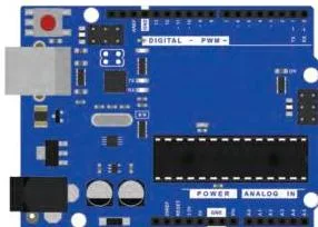An Arduino Uno board with its working parts labelled, including analog pins A0 to A5 and digital pins 0 to 13