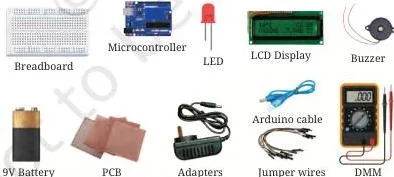 Electrical and electronic components laid out in a labelled chart, from breadboard and microcontroller to LED, buzzer and battery