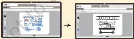 Side-by-side sketches where AutoDraw turns a rough handmade drawing of a food cart into a neat digital line drawing