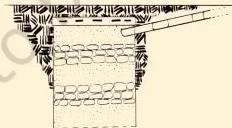 Cross-sectional view of a soak pit: a holed drum buried in the pit, connected to a pipe, with sand and brick layers inside