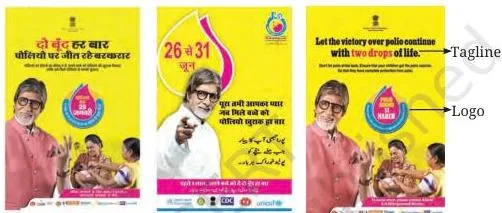 A polio vaccine campaign poster series printed in several Indian languages with the same campaign logo repeated in each version, demonstrating branding across languages