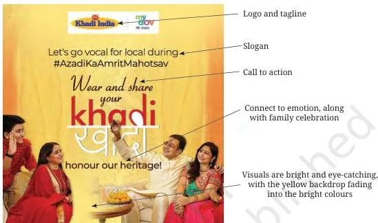 A practice advertisement combining several messages, which students are asked to label with logo, tagline, visuals, emotion and call to action