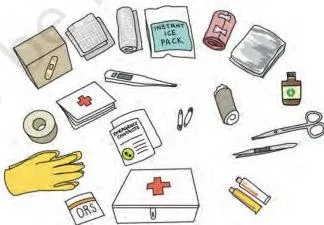 An open first-aid kit with its labelled components — bandages, cotton, tape, sanitiser, gloves, scissors and medicines — arranged for quick access