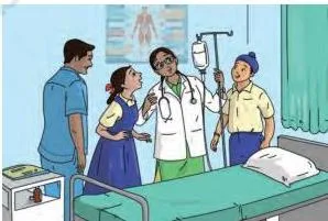 Students and a health professional talking at a health centre, showing how a visit to a hospital or PHC teaches patient care and first-aid