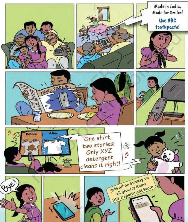 A comic strip from Project 6 Class 8 showing Ruchi's ordinary day and the many advertisements she meets in print, on screens and on the streets