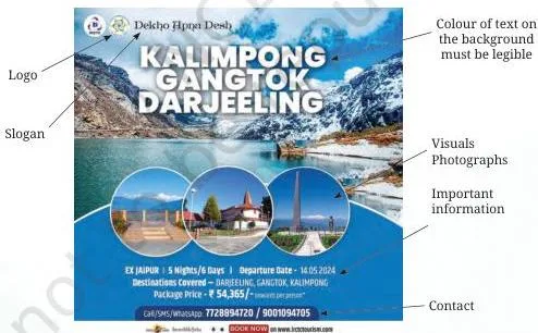 An advertisement with its visual elements labelled — figures, colour, logo and layout — showing the parts that make an ad eye-catching