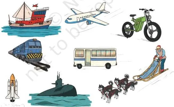 Modern transport — bicycles, motorbikes, cars, buses, trains, ships and aeroplanes — matched to the speed list that grows from one digit to five digits