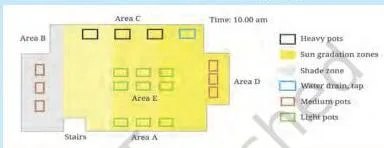 A labelled sketch of a rooftop garden layout with areas marked, used by the chapter's discussion questions about pot placement