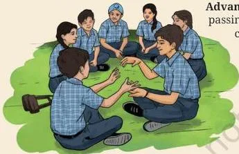 Students in a circle passing an imaginary everyday object like a pen, a pair of scissors or a watch