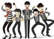 A pantomime performance on stage with multiple actors and music, contrasting with solo silent mime